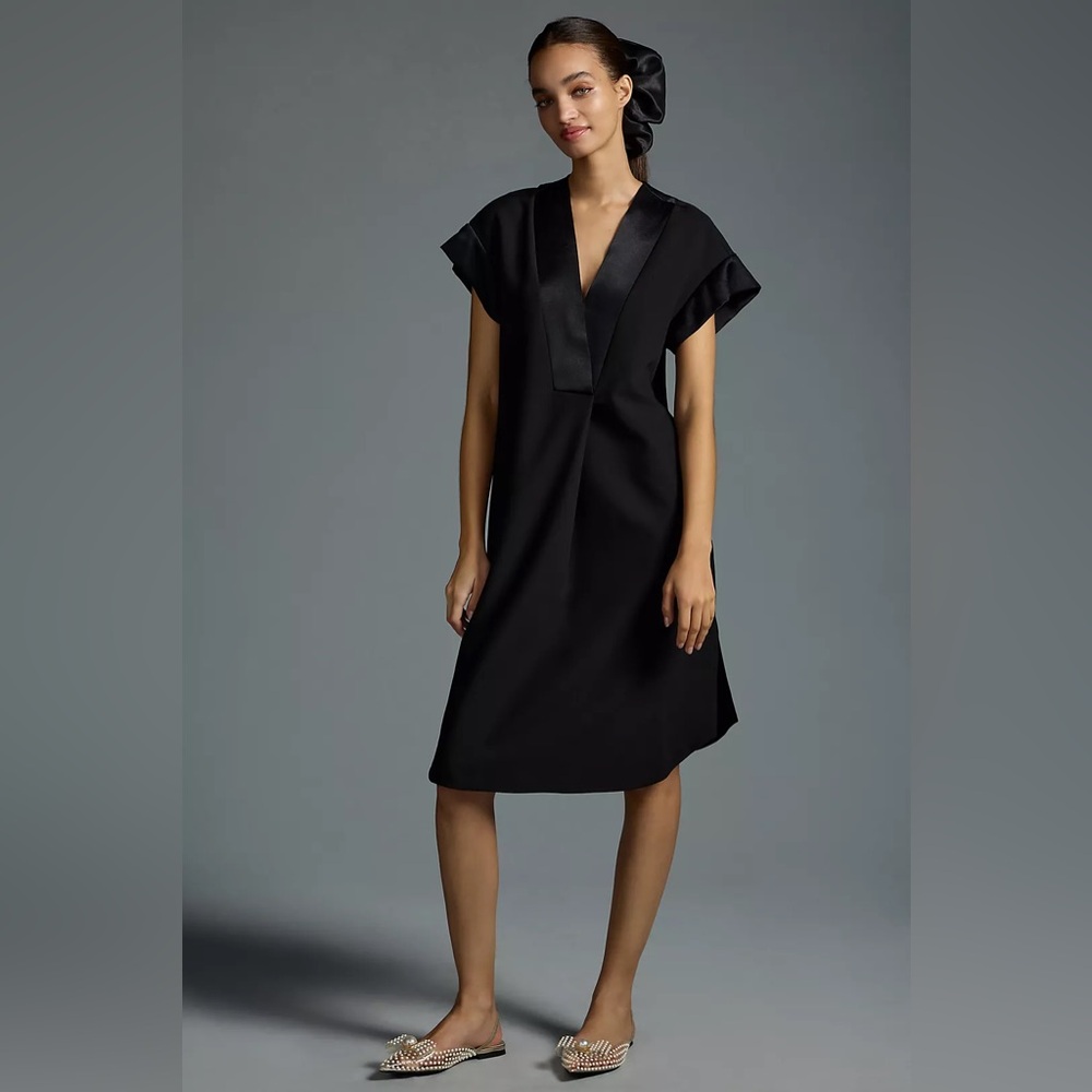 Anthropologie Maeve Deep V Black Satin Trim Knee Length Midi Dress S